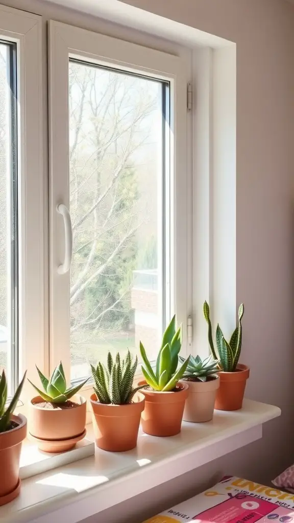 15 Adorable Dorm Room Ideas to Transform Your Space 7 A sunny windowsill with a variety of succulent plants in terracotta pots.