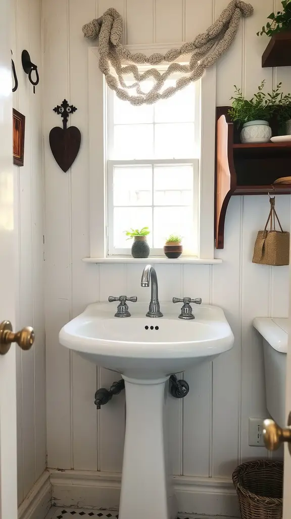 25 Charming Cottage Style Bathroom Ideas to Inspire Your Next Renovation 6 A charming cottage style bathroom with a vintage pedestal sink, natural light from a window, and decorative elements.
