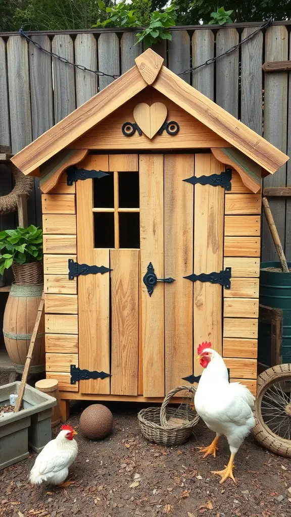 21 Creative Pallet Chicken Coop Ideas You’ll Love 11 A charming vintage pallet chicken coop with a wooden design, heart detail, and chickens outside
