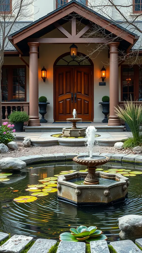 25 Stunning Front Entry Landscaping Ideas for a Welcoming Home 14 A charming front entry with a round pond featuring a two-tier fountain surrounded by greenery and lily pads.