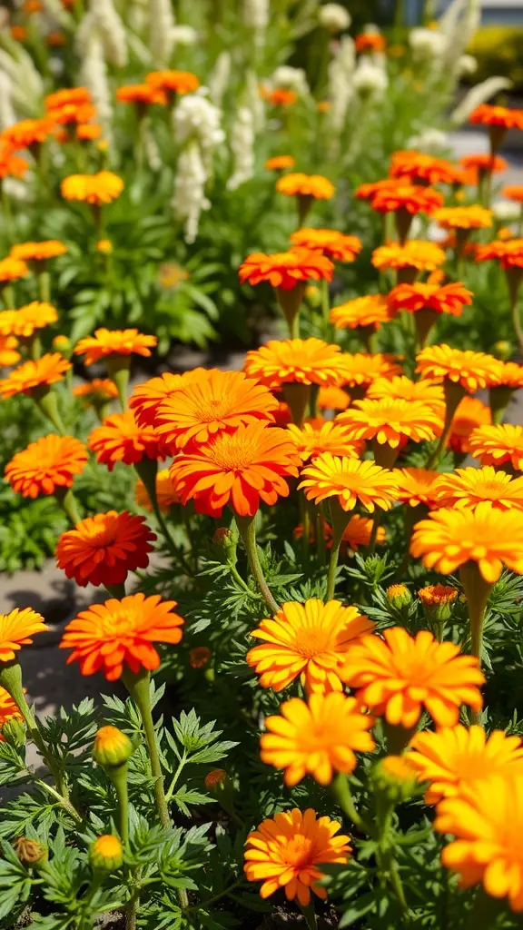 21 Stunning Full Sun Plants for Your Garden 7 A vibrant patch of orange and yellow marigolds in a garden