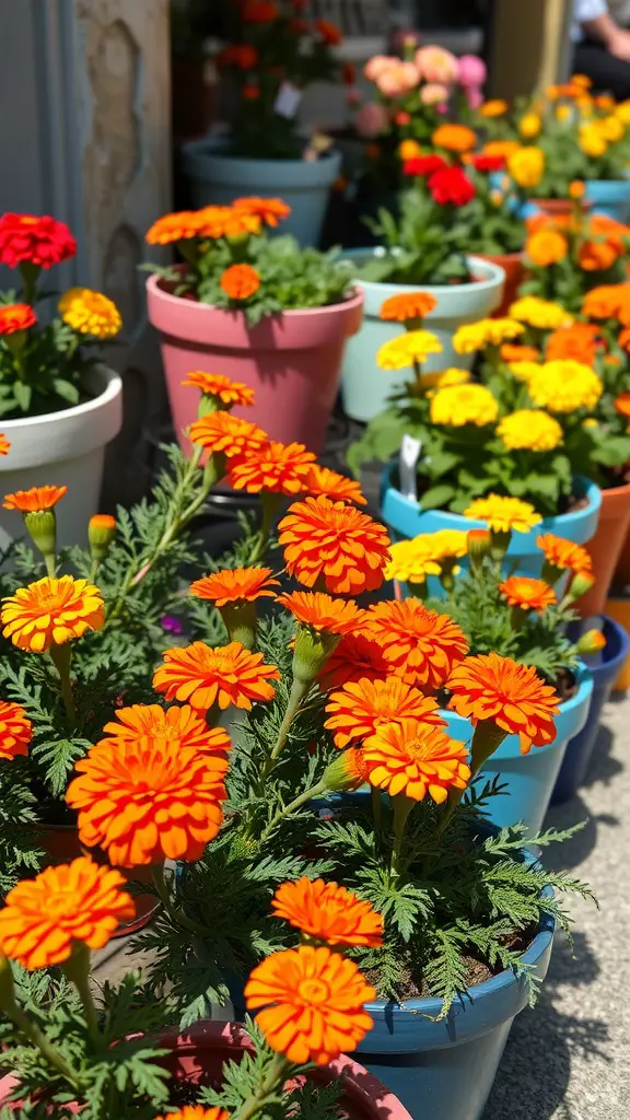 19 Stunning Container Plants for Full Sun Gardens 10 Colorful marigolds in vibrant pots, arranged in a sunny outdoor setting.