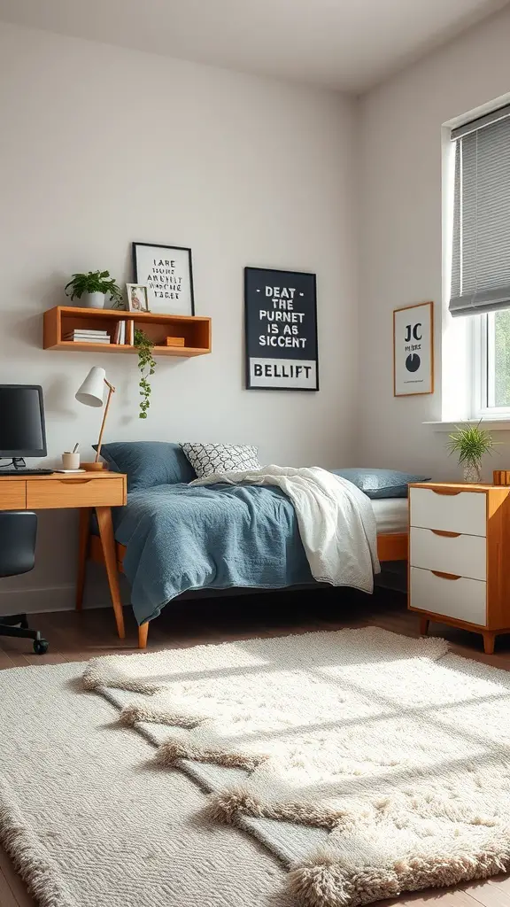 15 Adorable Dorm Room Ideas to Transform Your Space 4 A cozy dorm room featuring a soft area rug, a bed with blue bedding, and wooden furniture.