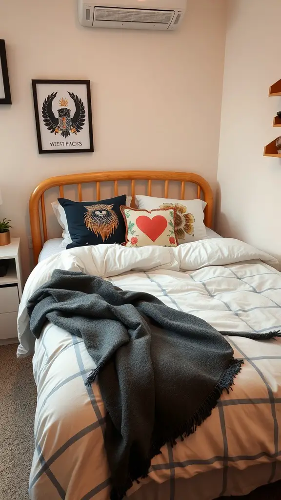 19 Stylish Dorm Room Ideas for a Cozy and Functional Space 6 A cozy dorm room bed with stylish bedding, featuring a white comforter, colorful pillows, and a dark throw blanket.