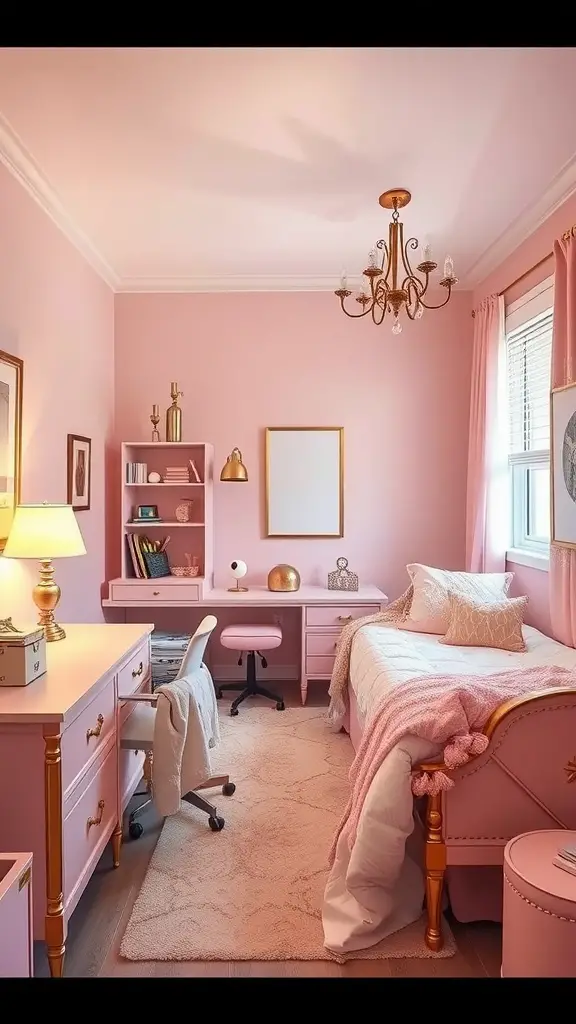19 Dreamy Pink Dorm Room Ideas to Inspire Your Space 5 A chic pink dorm room featuring blush walls, gold accents, and stylish furniture.