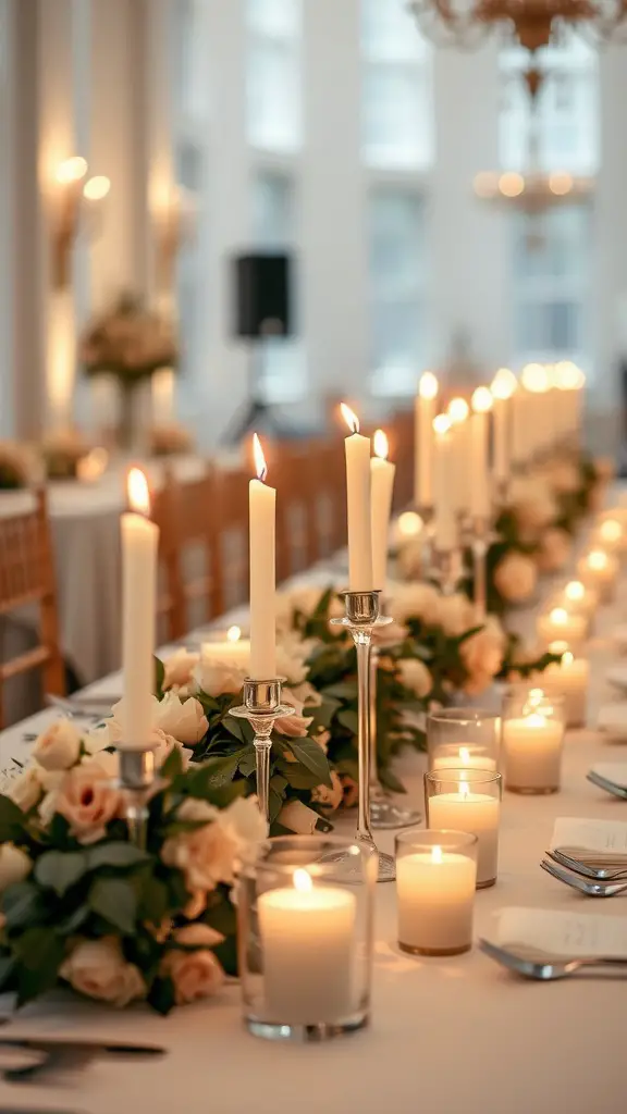 19 Stunning Wedding Decor Ideas for Your Big Day 10 A beautifully arranged wedding table with tall and short candles, surrounded by floral decorations.