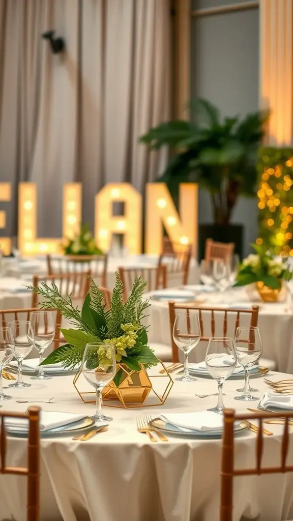 21 Stunning Wedding Table Decoration Ideas for a Dreamy Celebration 2 Chic geometric centerpiece with greenery in a hexagonal vase on a wedding table.