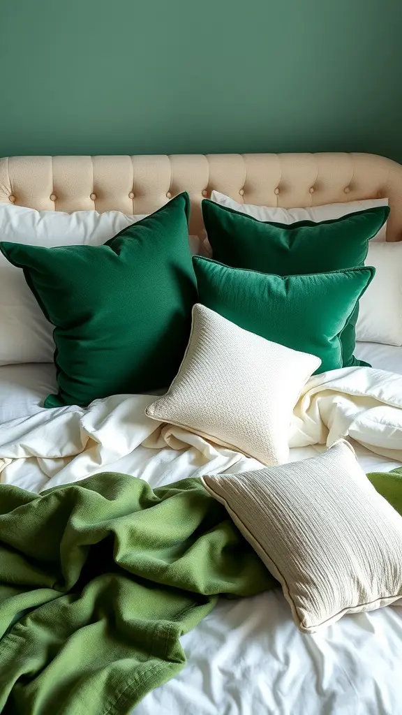 25 Stunning Green and White Bedroom Ideas for a Refreshing Retreat 9 Chic green and white bedding with pillows and a throw blanket