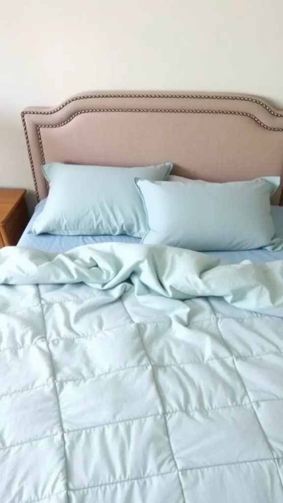21 Charming Light Blue Dorm Room Ideas to Refresh Your Space 10 Light blue bedding set on a cozy bed with a pink upholstered headboard