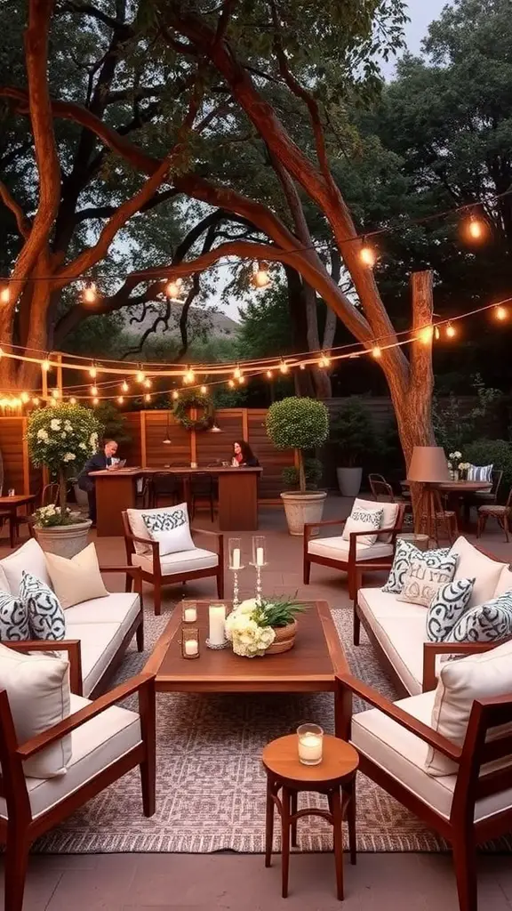 23 Charming Small Backyard Wedding Ideas for Your Dream Celebration 11 Chic lounge area with cozy seating, warm lighting, and floral decor in a backyard setting