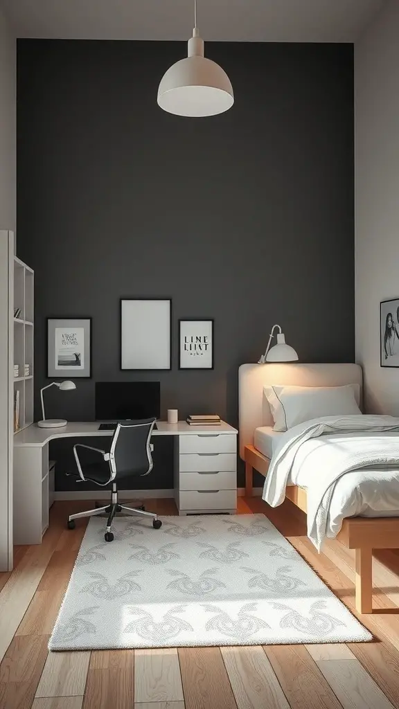 25 Stunning Luxury Dorm Room Ideas to Elevate Your Space 5 A chic minimalist dorm room featuring a bed, desk, and stylish decor.