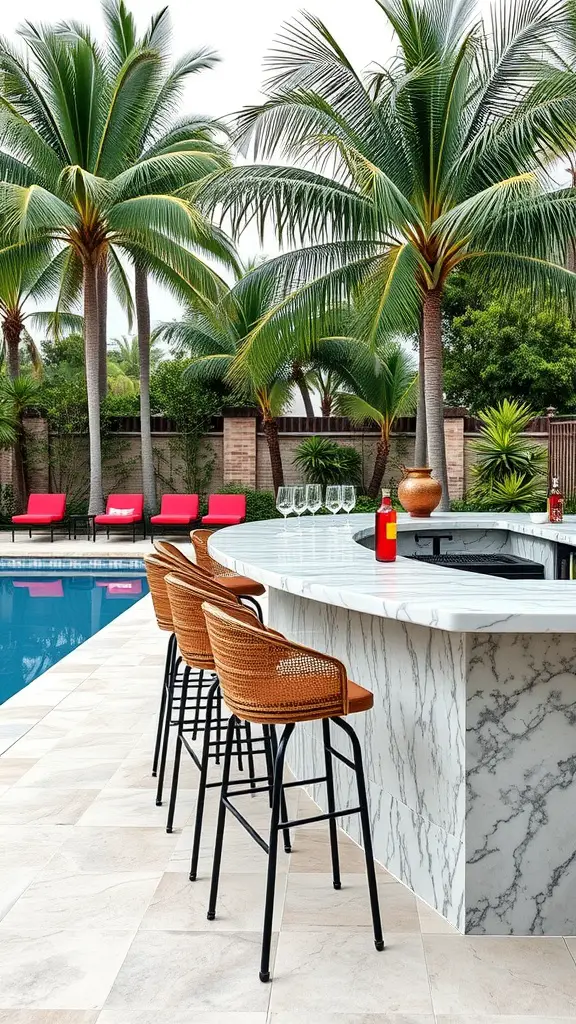 15 Stunning Pool House Ideas for Your Backyard Oasis 6 Outdoor bar area with marble countertop and woven bar stools, surrounded by palm trees and red lounge chairs.