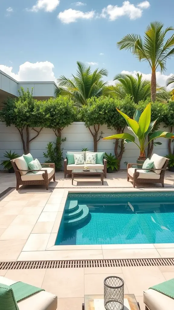 21 Creative Pool Patio Ideas to Elevate Your Outdoor Space 15 Chic outdoor furniture arrangement around a pool with lush greenery