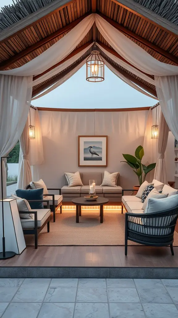 15 Stunning Pool Cabana Ideas for Ultimate Relaxation 7 Chic outdoor lounge with comfortable seating, soft curtains, and warm lighting