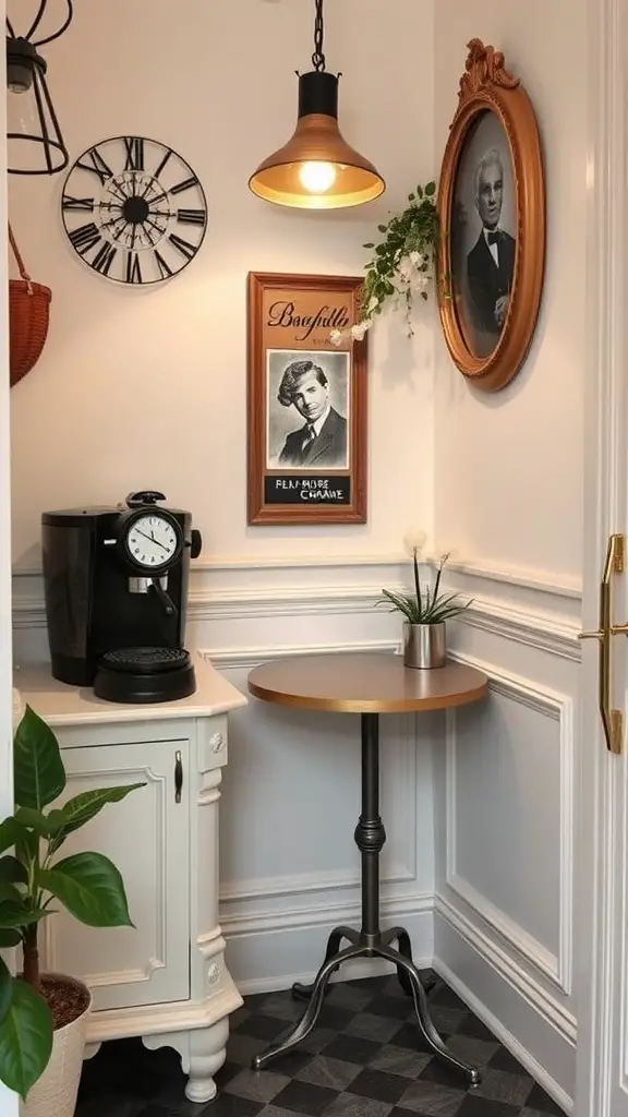 19 Creative Home Cafe Ideas to Elevate Your Coffee Experience 11 Cozy corner of a home cafe with an espresso machine, vintage decor, and a small table.