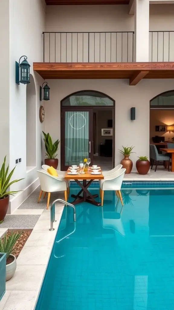 15 Charming Small Pool House Ideas for Your Backyard 16 A poolside dining area with a table set for a meal, accompanied by potted plants and a view of the pool.