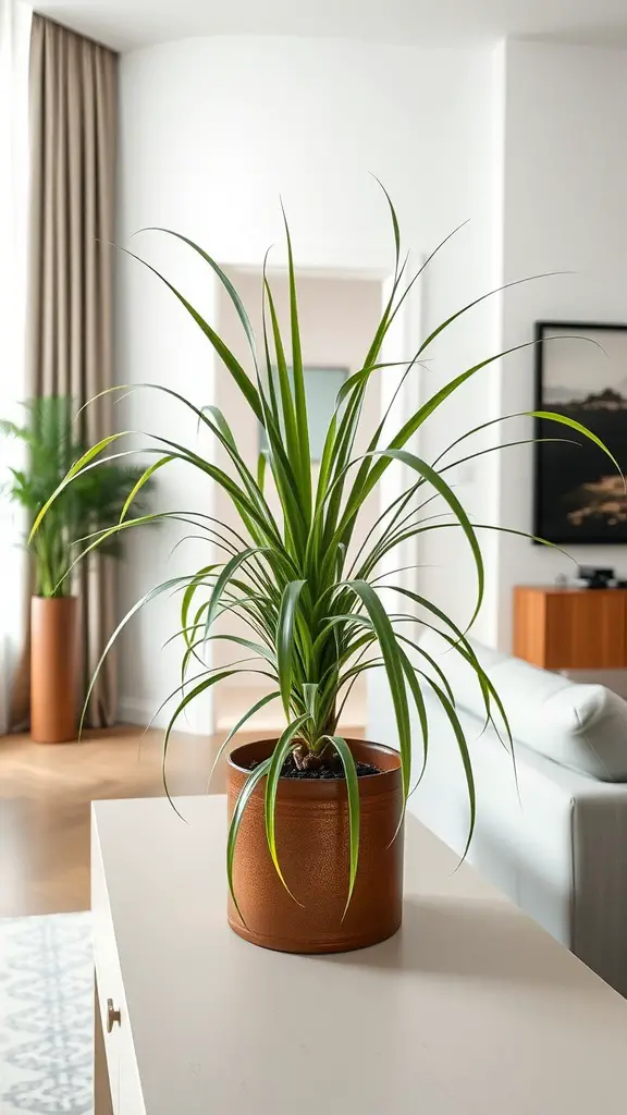 23 Stylish Living Room Plant Ideas to Elevate Your Space 12 Chic spider plant in a clay pot placed on a console table in a modern living room