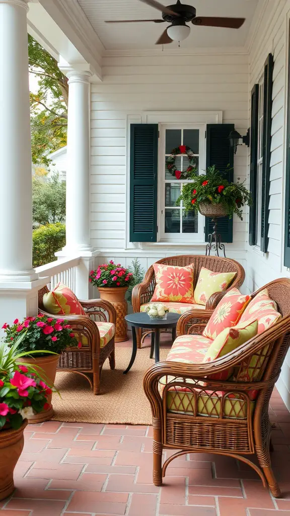 25 Charming Front Porch Furniture Ideas for a Cozy Outdoor Space 5 A cozy front porch featuring wicker seating with floral cushions, surrounded by potted flowers.
