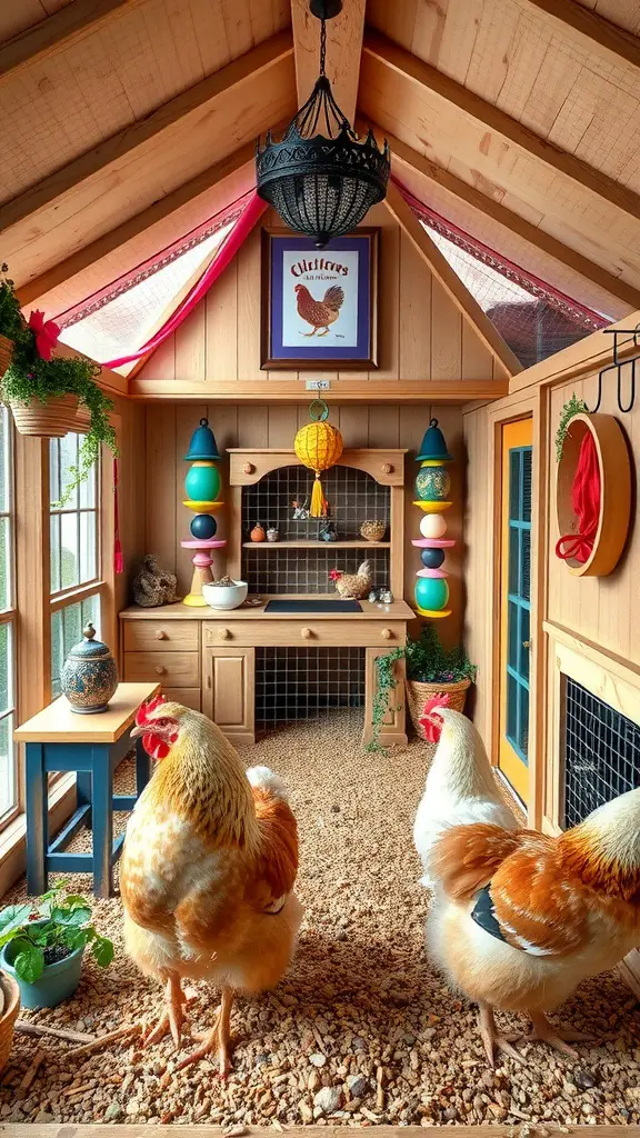 17 Creative Walk-In Chicken Coop Ideas You'll Love 13 Interior view of a cozy chicken coop with colorful decor and two chickens
