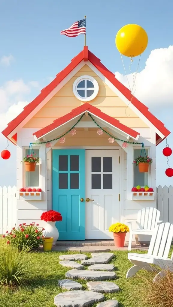 29 Gorgeous Garden Summer House Ideas to Enhance Your Outdoor Space 17 A colorful children's playhouse with a blue door, flower pots, and a stone pathway