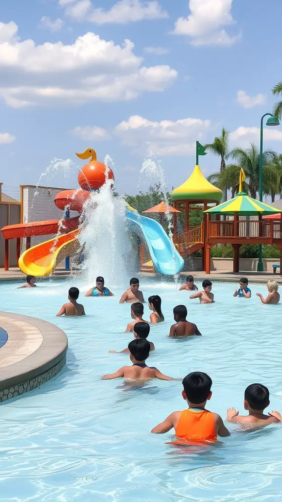 13 Dreamy Lazy River Pool Ideas for Your Backyard Transformation 6 A children's splash zone featuring water slides and playful elements, with kids enjoying the water.