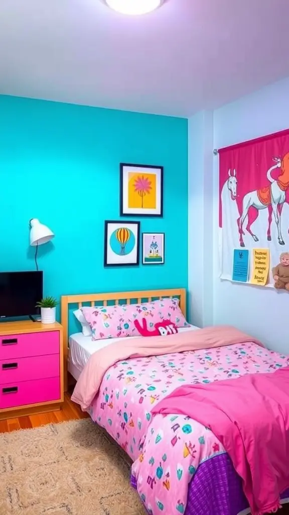 21 Creative Dorm Room Inspiration Ideas for College Students 2 A colorful college dorm room featuring a turquoise wall, pink bedding, and vibrant decor.