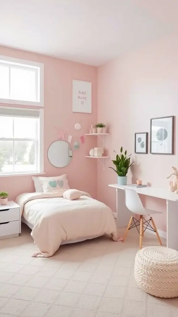 17 Creative Single Dorm Room Ideas You’ll Love 9 A cozy single dorm room featuring soft pink walls, white furniture, and relaxing decor.