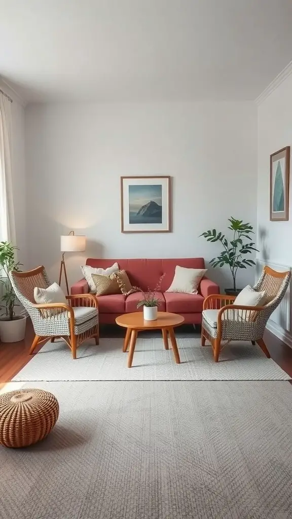 19 Cozy Small Living Room Ideas You’ll Love 15 Cozy small living room featuring a compact sofa, two armchairs, a coffee table, and plants
