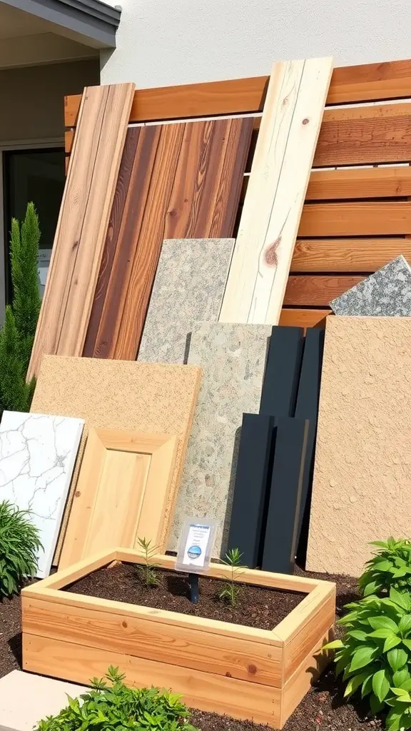 13 Beautiful Raised Flower Bed Ideas for Your Front Yard 4 A display of various construction materials for raised flower beds, including wood planks, stone slabs, and composite materials.