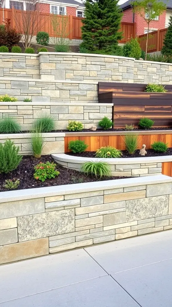 19 Stunning Retaining Wall Ideas for Your Front Yard 6 A landscaped retaining wall in front of a house featuring a combination of stone and wooden elements with various plants.