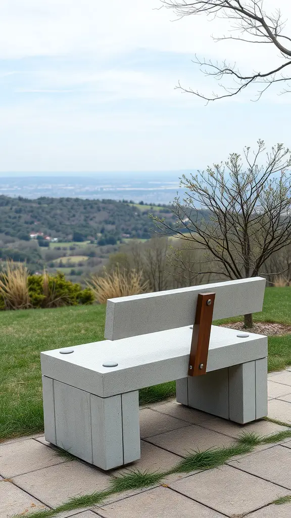 17 Creative Cinder Block Bench Ideas for Your Outdoor Space 15 A cinder block bench with a wooden backrest set in a scenic outdoor landscape.