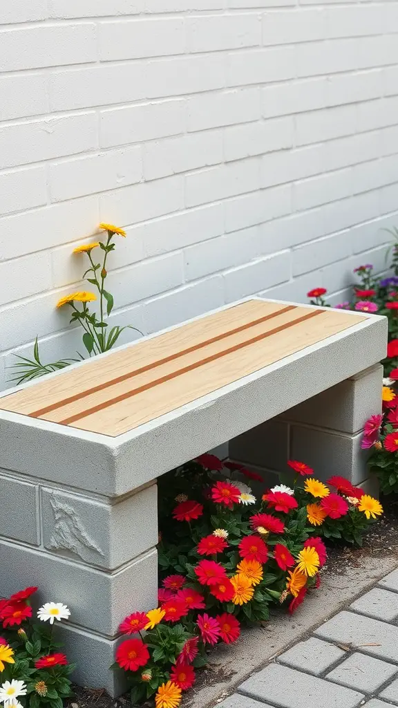 17 Creative Cinder Block Bench Ideas for Your Outdoor Space 5 Cinder block bench with wooden seating surrounded by colorful flowers