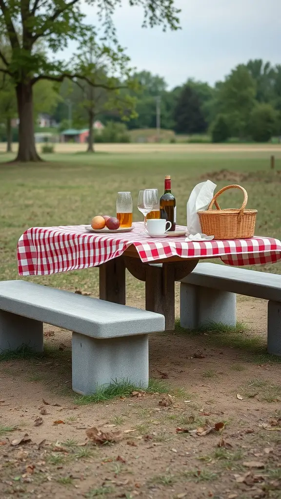 17 Creative Cinder Block Bench Ideas for Your Outdoor Space 17 Cinder block picnic bench set in an outdoor park with a checkered tablecloth, picnic basket, drinks, and apples.