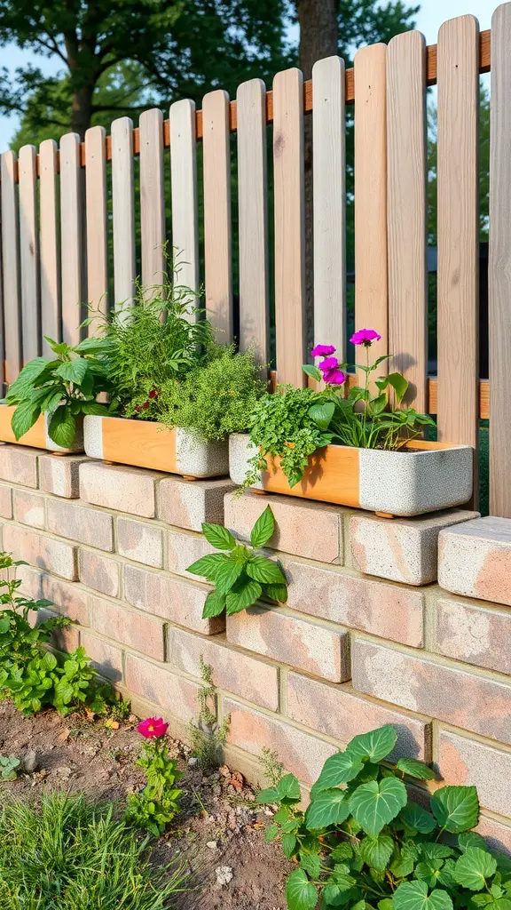 17 Creative DIY Garden Fence Ideas to Enhance Your Outdoor Space 9 A cinder block fence with wooden planters filled with plants and flowers.
