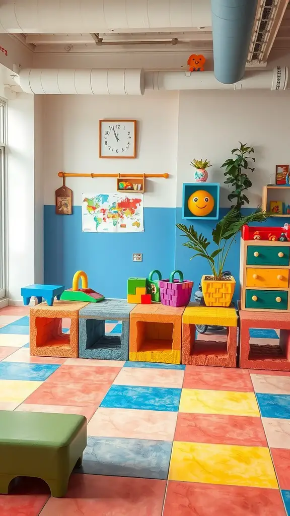 17 Creative Cinder Block Bench Ideas for Your Outdoor Space 16 Colorful cinder block bench in a playful indoor space