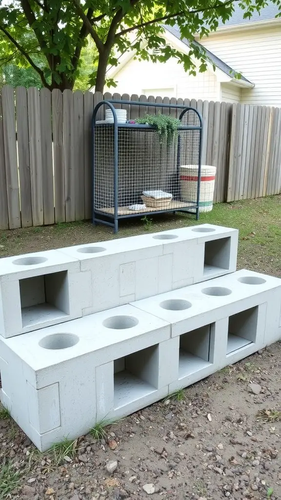 17 Creative Cinder Block Bench Ideas for Your Outdoor Space 7 A cinder block storage bench with circular cutouts for potted plants, set in a garden area.