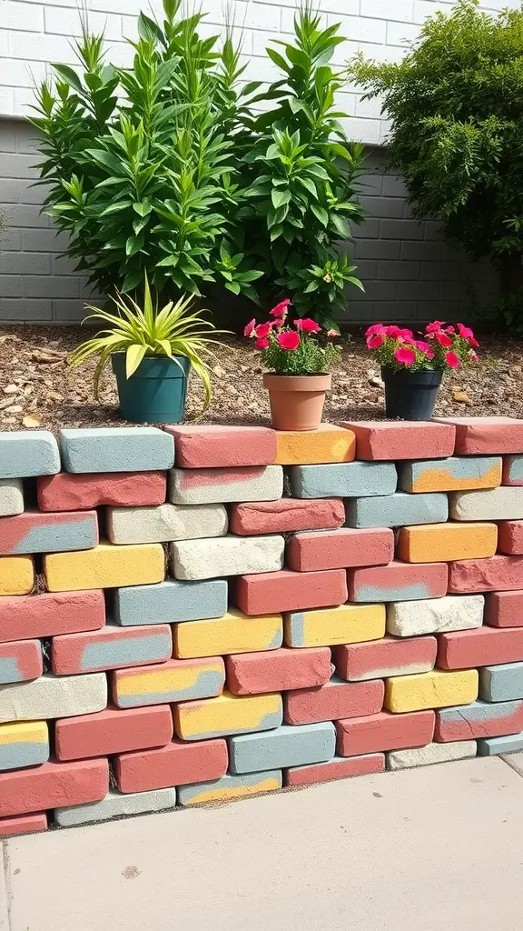 25 Stunning Landscape Retaining Wall Ideas for Your Outdoor Space 9 Colorful cinder block wall in a garden with potted plants