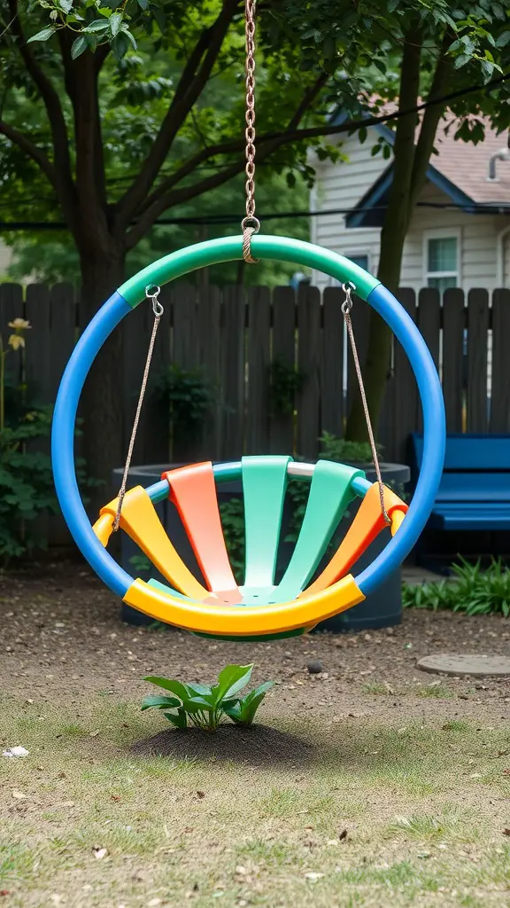 27 Creative Outdoor Swing Ideas for Your Backyard Bliss 14 Colorful circular swing hanging from a tree in a backyard