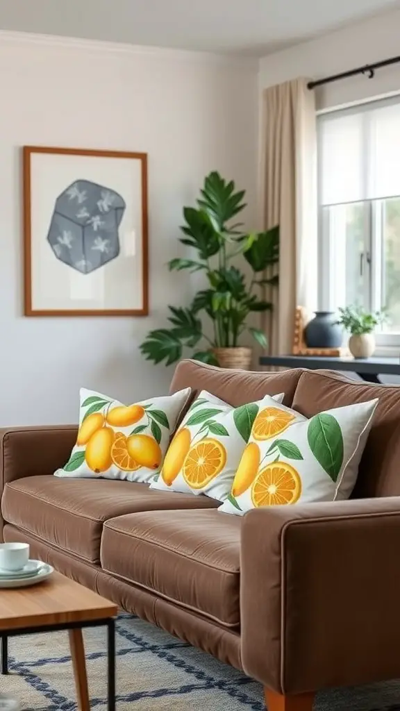 25 Creative Lemon Decor Ideas for Your Home 5 Cozy living room with citrus-themed throw pillows on a brown sofa
