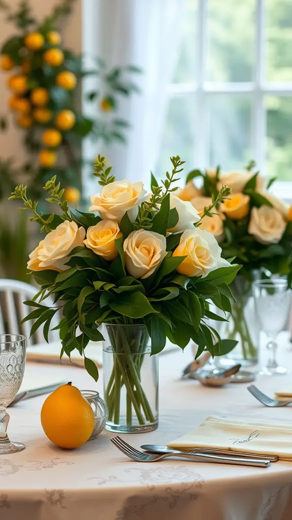 21 Creative Lemon-Themed Bridal Shower Ideas to Brighten Your Celebration 10 A table set with citrus-themed decorations, featuring white and yellow roses in a vase and lemons on the table.