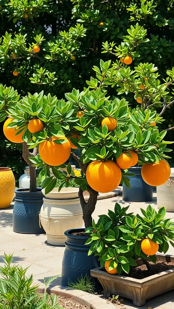 15 Stunning Planter Ideas for Full Sun Gardens 4 Citrus trees with ripe oranges in decorative pots on a sunny day.