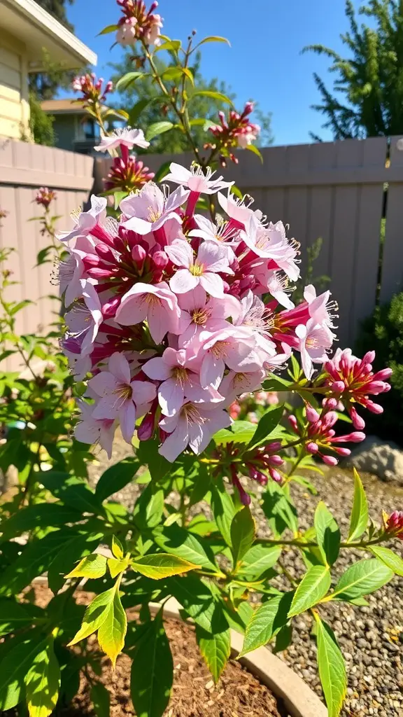 23 Stunning Flowering Shrubs to Transform Your Garden 15 A close-up view of pink and white Classic Abelia flowers in a garden setting.