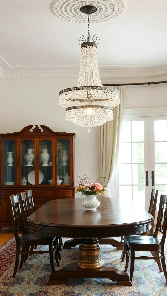 15 Stunning Dining Room Lighting Ideas to Elevate Your Table Decor 2 A classic crystal chandelier hanging over a round dining table with wooden chairs, showcasing elegance in dining room design.