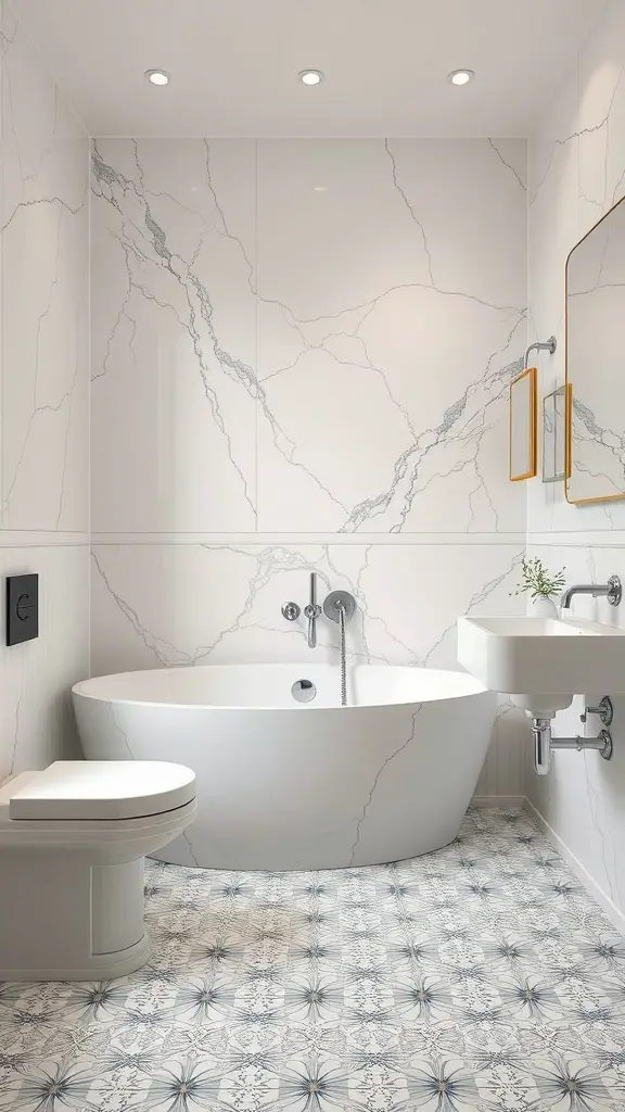 25 Stunning Bathroom Tile Combination Ideas to Transform Your Space 4 Bathroom with classic marble walls and contemporary patterned floor tiles