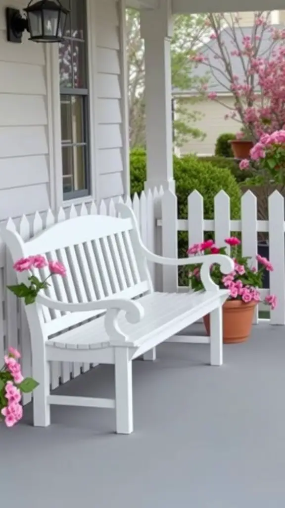 21 Creative Front Porch Bench Ideas for a Warm Welcome 12 A classic white bench on a porch surrounded by flowers and a picket fence.