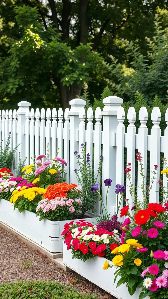 17 Creative Raised Flower Bed Ideas for Your Fence Garden 16 A classic white picket fence adorned with colorful flowers in raised beds.