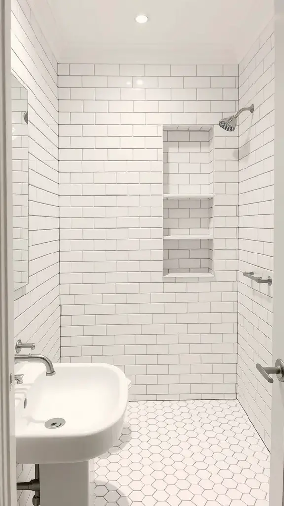 25 Stunning Bathroom Tile Combination Ideas to Transform Your Space 2 A bathroom featuring white subway tiles on the walls and hexagonal tiles on the floor, with a modern sink and shower area.