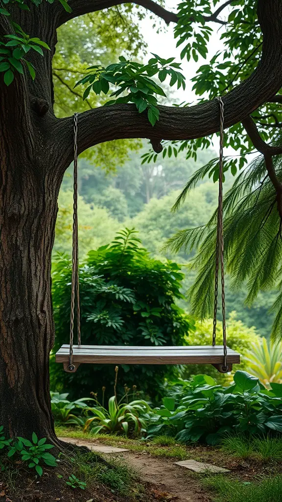 27 Creative Outdoor Swing Ideas for Your Backyard Bliss 9 A classic wooden tree swing hanging from a tree surrounded by greenery