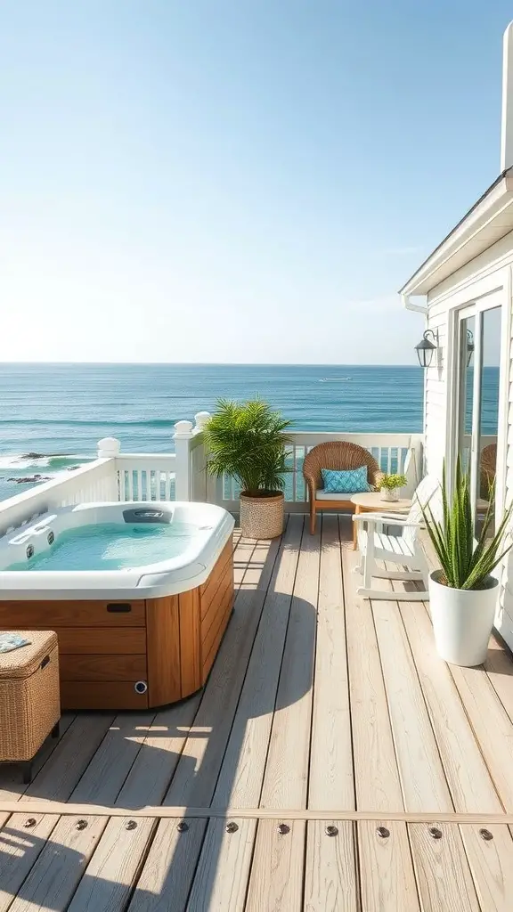 A coastal-inspired deck featuring a hot tub, overlooking the ocean with seating and potted plants.