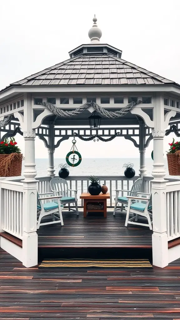 17 Stunning Gazebo Deck Ideas for Your Outdoor Oasis 9 A coastal-themed gazebo on a deck overlooking the water, featuring white wooden structure, light blue chairs, and potted plants.